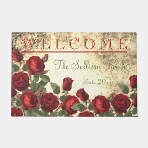 Viintage Red Roses WELCOME Monogram Family Doormat