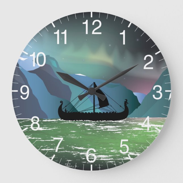 Viking Boat at Norwegian Fjord Large Clock (Front)