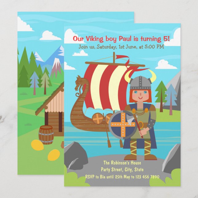 Viking Boy posing in front of Viking ship Party Invitation (Front/Back)