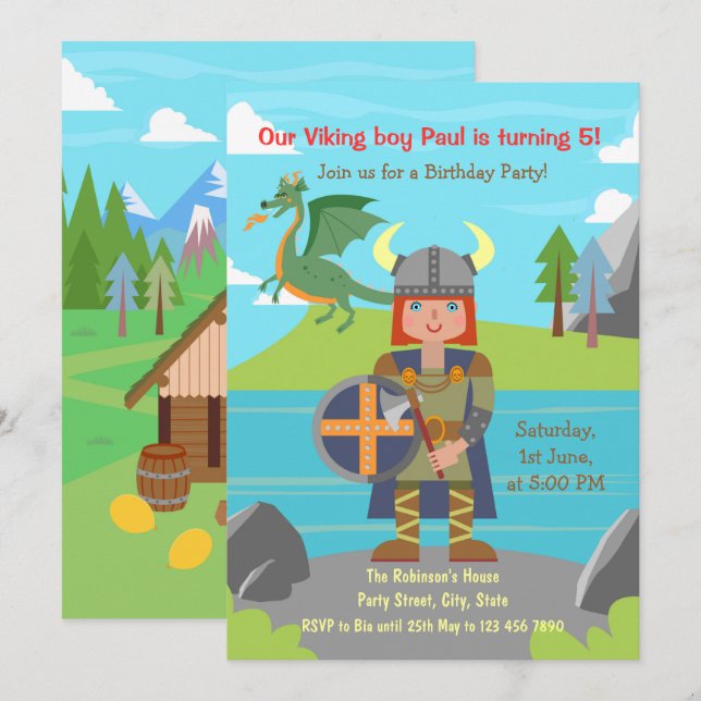 Viking Boy warrior and dragon Birthday Party  Invitation (Front/Back)