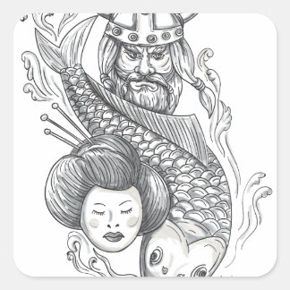 Viking Carp Geisha Head Tattoo Square Sticker
