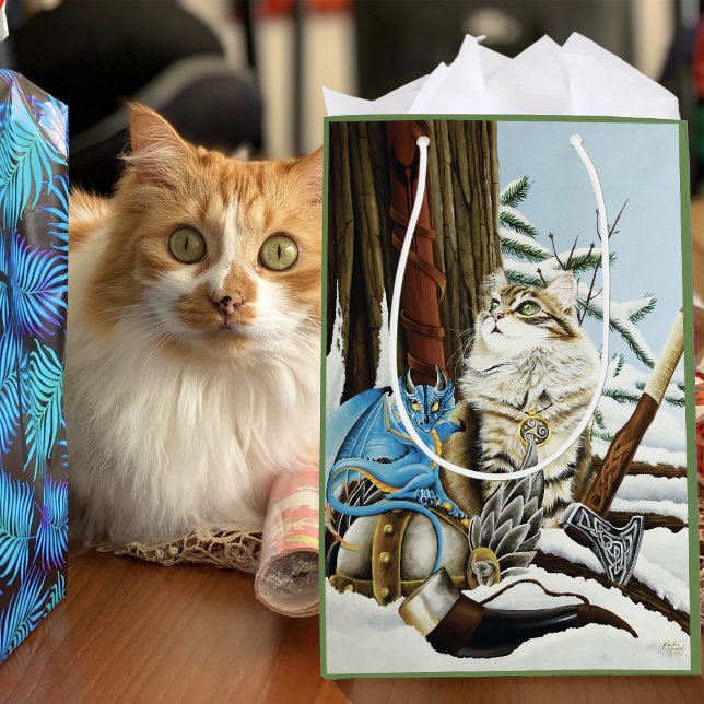 Viking Cat Blue Dragon Fantasy Medium Gift Bag (Creator Uploaded)