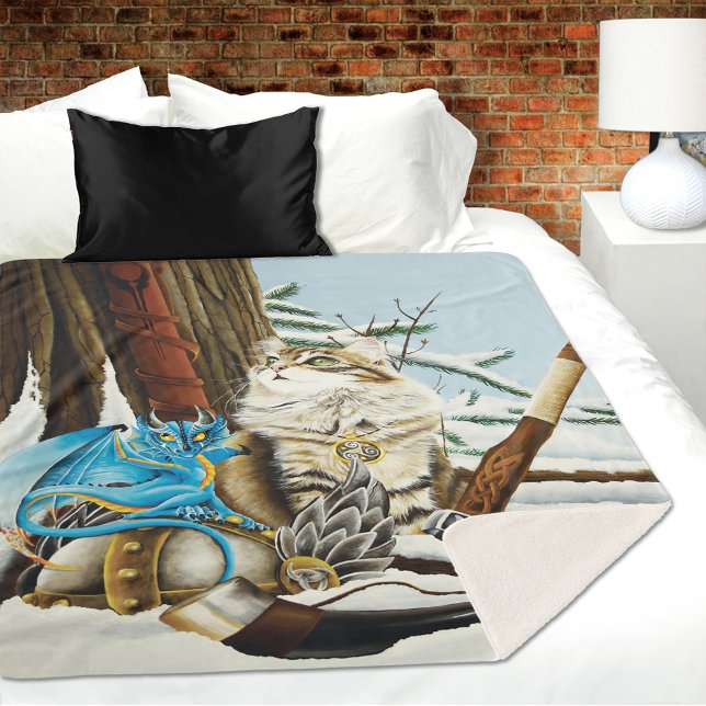 Viking Cat Blue Dragon Fantasy Sherpa Blanket (Creator Uploaded)