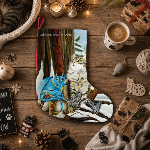 Viking Cat Blue Dragon Fantasy Small Christmas Stocking