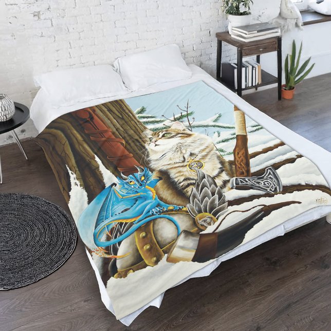 Viking Cat Blue Dragon Fleece Blanket (Creator Uploaded)