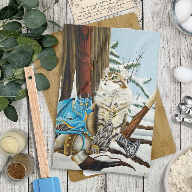 Viking Cat Blue Dragon Kitchen Towel (Creator Uploaded)