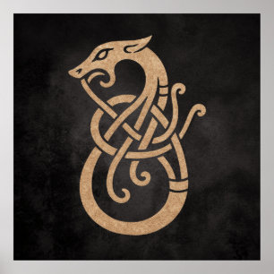 Viking Dragon Knot – Ancient Norse Symbol on Black Poster