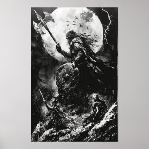 Viking Fury Black and White Acrylic Illustration P Poster