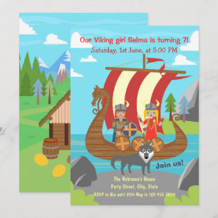 Viking girl and boy on viking ship birthday party invitation