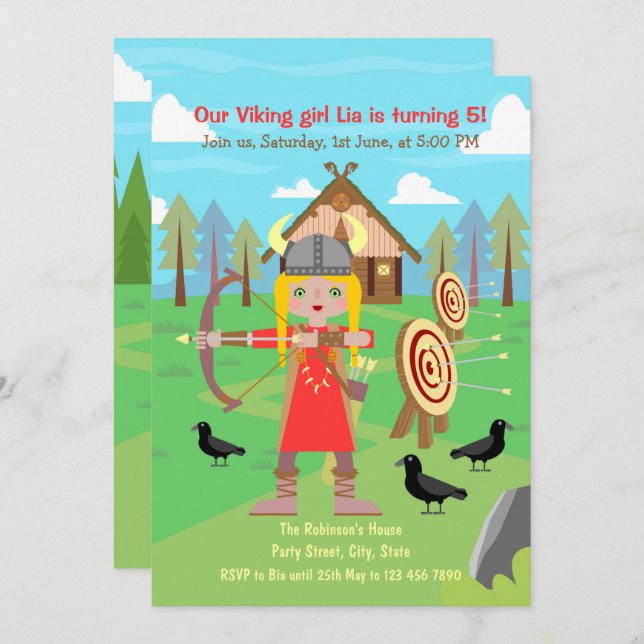 Viking Girl practicing arch and arrow Party  Invitation (Front/Back)