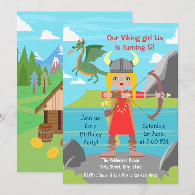 Viking Girl with dragon Birthday Party  Invitation (Front/Back)