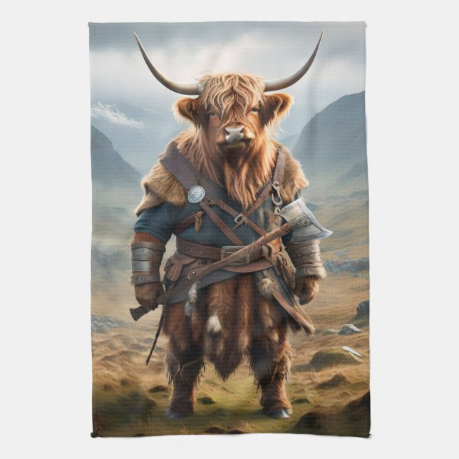 Viking Highland Cow, Kitchen Towel (Vertical)