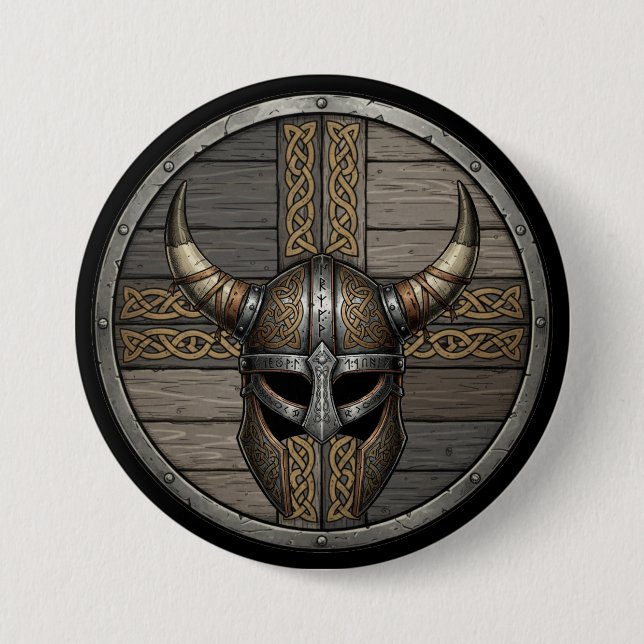 Viking Horned Helmet Shield  3 Inch Round Button (Front)