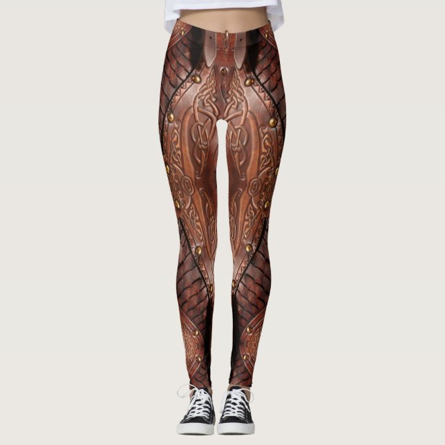 Viking Leather Vest Armour Abstract, Brown Leggings (Front)