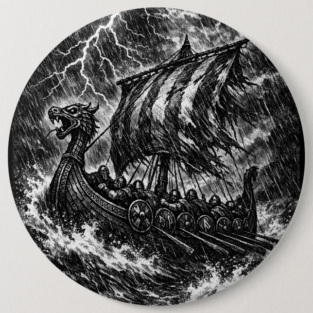 Viking Longship in the Storm — Ink Saga Art 6 Inch Round Button (Front)