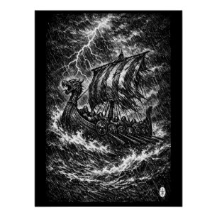 Viking Longship in the Storm — Ink Saga Art Poster