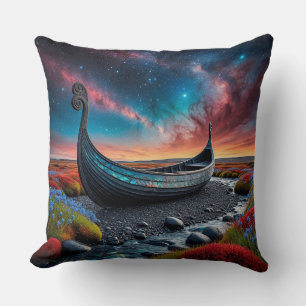 Viking Longship on a Vibrant Landscape Throw Pillow