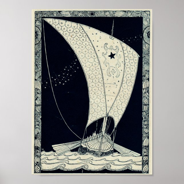 Viking Longship Sailing at Night Poster (Front)