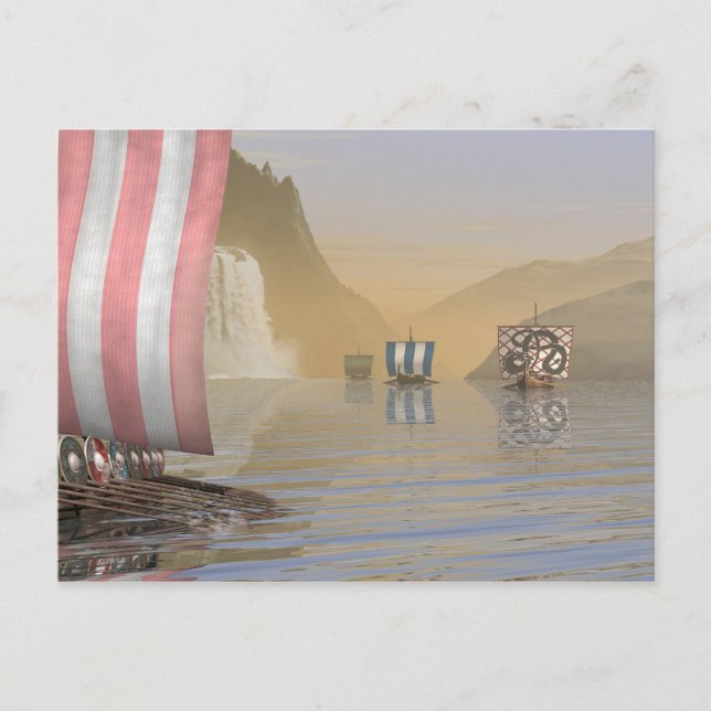 Viking Longships in a Norwegian Fjord Postcard (Front)