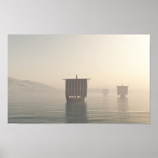 Viking Longships in the Mist Poster