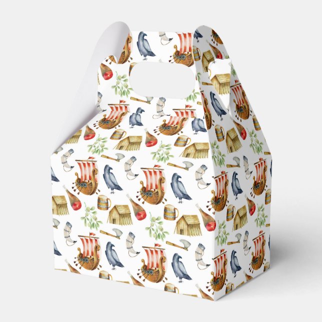 Viking party theme boys blue red pattern favor box (Front Side)