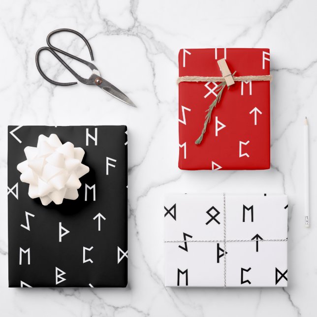 Viking Runes on Red, Black, White Background Wrapping Paper Sheet (Front)