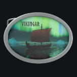 Viking Ship And Northern Lights Belt Buckle<br><div class="desc">A slightly stylized image of a Viking longship sailing at night under the Northern Lights there a couple of icebergs; most of the crew is asleep. Text reading "VIKINGAR" (Vikings) also appears.</div>
