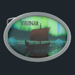 Viking Ship And Northern Lights Belt Buckle<br><div class="desc">A slightly stylized image of a Viking longship sailing at night under the Northern Lights there a couple of icebergs; most of the crew is asleep. Text reading "VIKINGAR" (Vikings) also appears.</div>