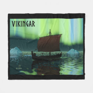 Viking Ship And Northern Lights Fleece Blanket