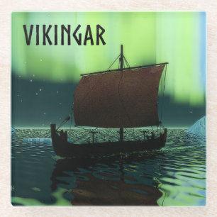 Viking Ship And Northern Lights Glass Coaster