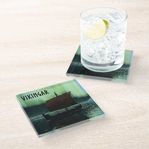 Viking Ship And Northern Lights Glass Coaster