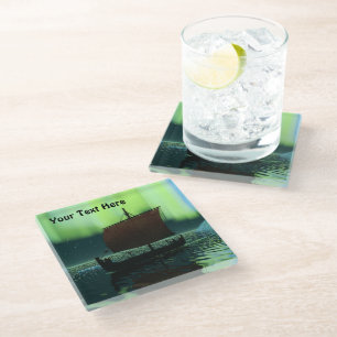 Viking Ship And Northern Lights Glass Coaster
