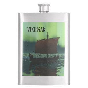 Viking Ship And Northern Lights Hip Flask