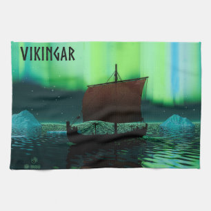 Viking Ship And Northern Lights Kitchen Towel