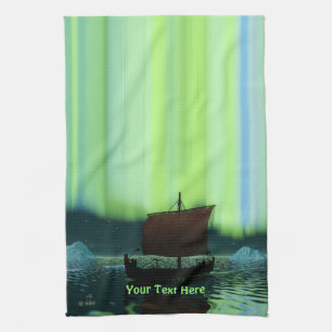 Viking Ship And Northern Lights Kitchen Towel