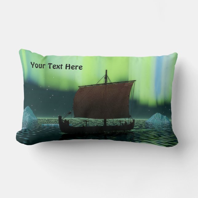 Viking Ship And Northern Lights Lumbar Pillow (Front)