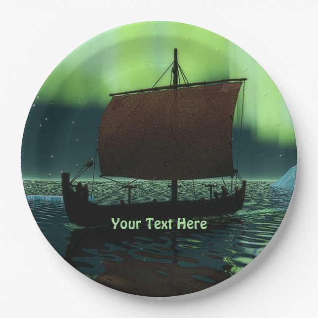 Viking Ship And Northern Lights Paper Plate (Front)