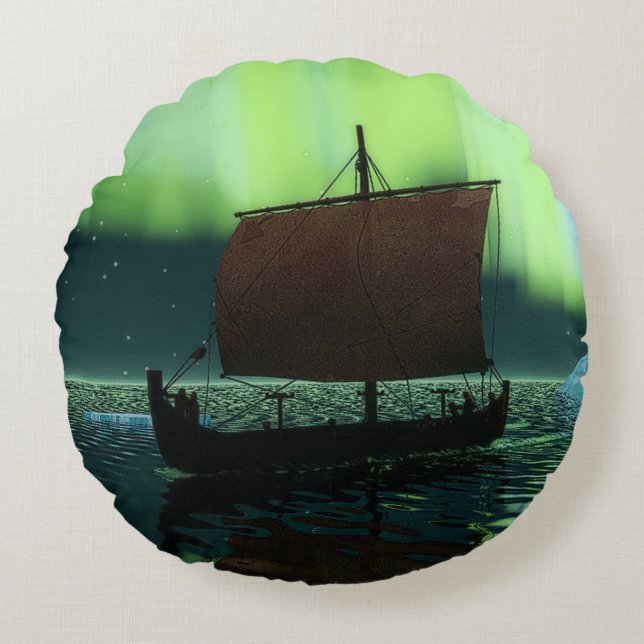 Viking Ship And Northern Lights Round Pillow (Front)