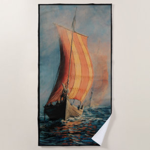 Viking ship/long boat in sail on ocean-black trim  beach towel