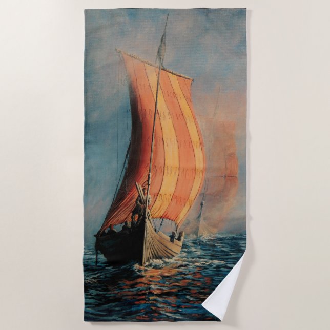 Viking ship/long boat in sail on ocean throw pillo beach towel (Front)