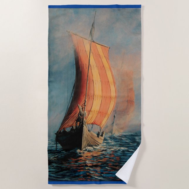 Viking ship sailing on Sea/Ocean in fog, long boat Beach Towel (Front)