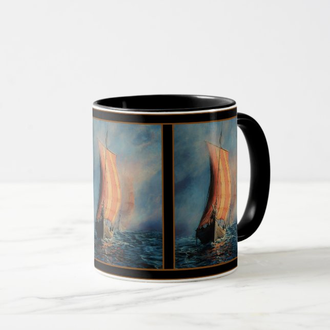 Viking ship sailing on Sea/Ocean in fog, long boat Mug (Front Right)