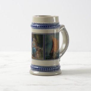 Viking ship sailing on Sea, Woman and children Beer Stein