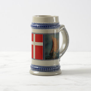 Viking ship sailing, Sea fog, Denmark flag Beer Stein