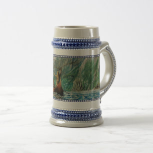 Viking ship sailing, Sea fog, Viking men fishing Beer Stein