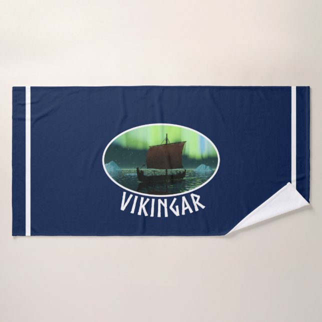 Viking Ship Under Northern Lights Bath Towel (Bath Towel)
