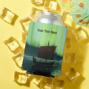 Viking Ship Under Northern Lights Can Cooler