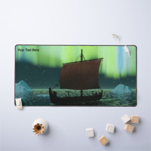 Viking Ship Under Northern Lights Desk Mat