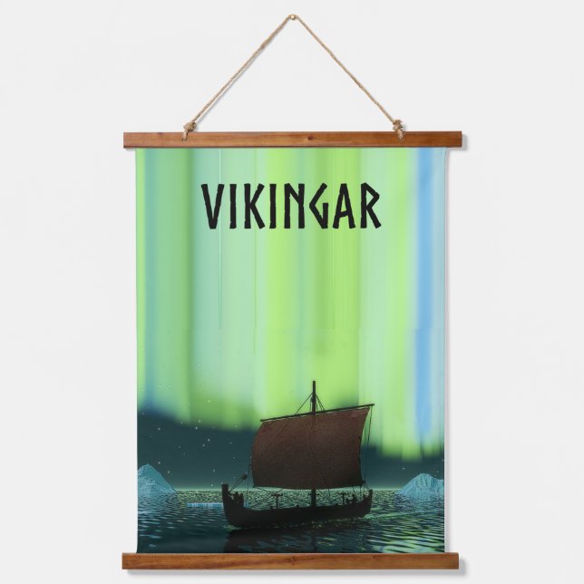 Viking Ship Under Northern Lights Hanging Tapestry (Front)