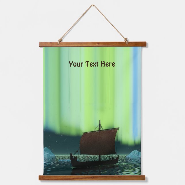 Viking Ship Under Northern Lights Hanging Tapestry (Front)